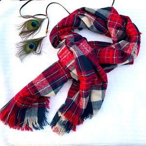 Zara red blue cream Plaid blanket scarf NWOT